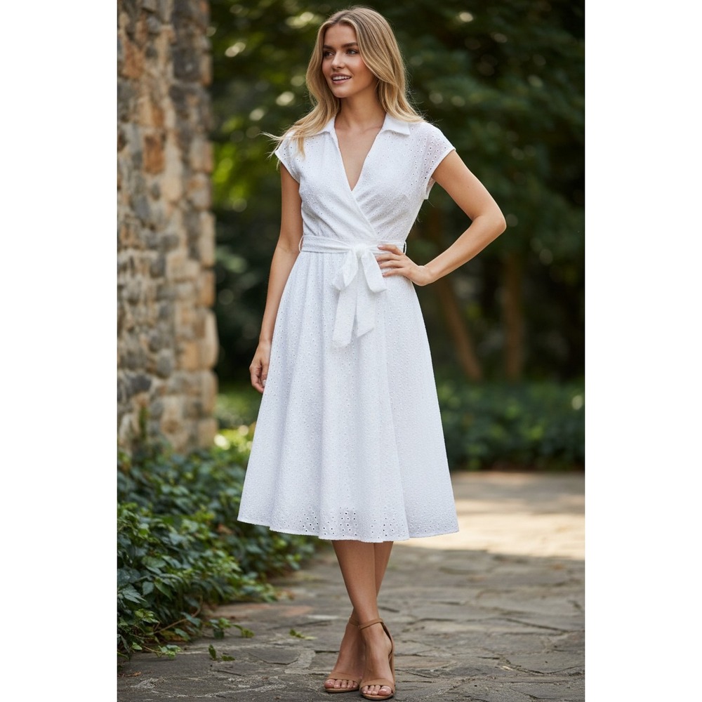 Karen Kane Coquette White Eyelet Dress 100% Cotton‎ Short Sleeve S Coastal $158